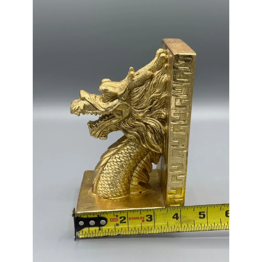 Gold Dragon Head Bookend Mythical Chinese Greek Key Decor 6 Inch Single